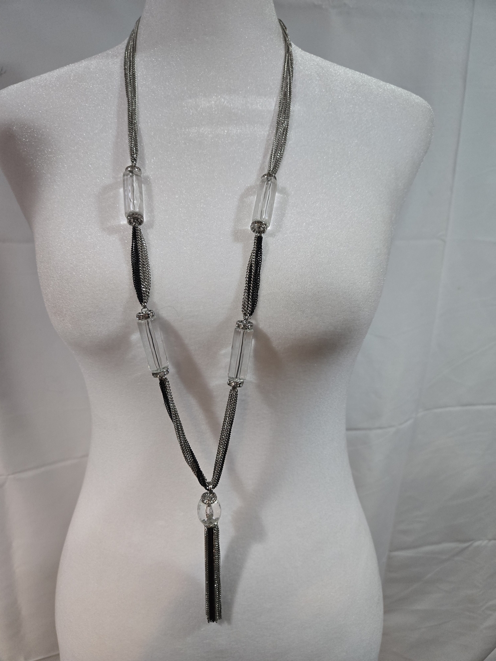 Chico's Black Multi-Strand Chain Necklace with Clear Tube Beads